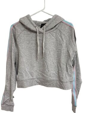 Sky Gray Cropped Hoodie with Pink & Blue Stripe Accents
